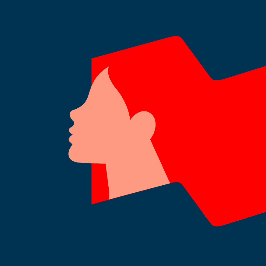 Illustration d’un profil de femme aux cheveux rouges sur fond bleu marine, campagne Investisseuse de la Banque Nationale