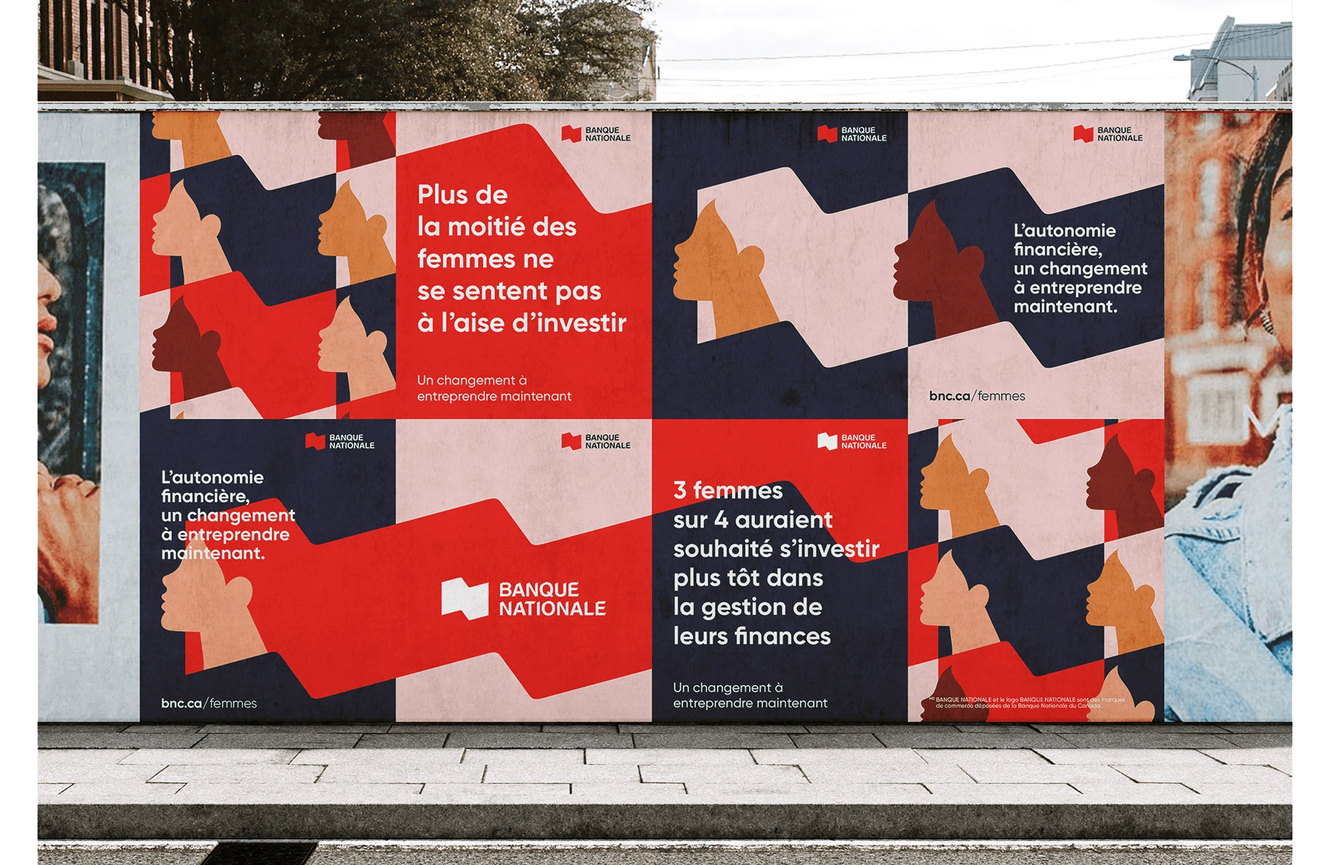 Mur d’affiches de la campagne Investisseuse de la Banque Nationale, motifs rouges et marine