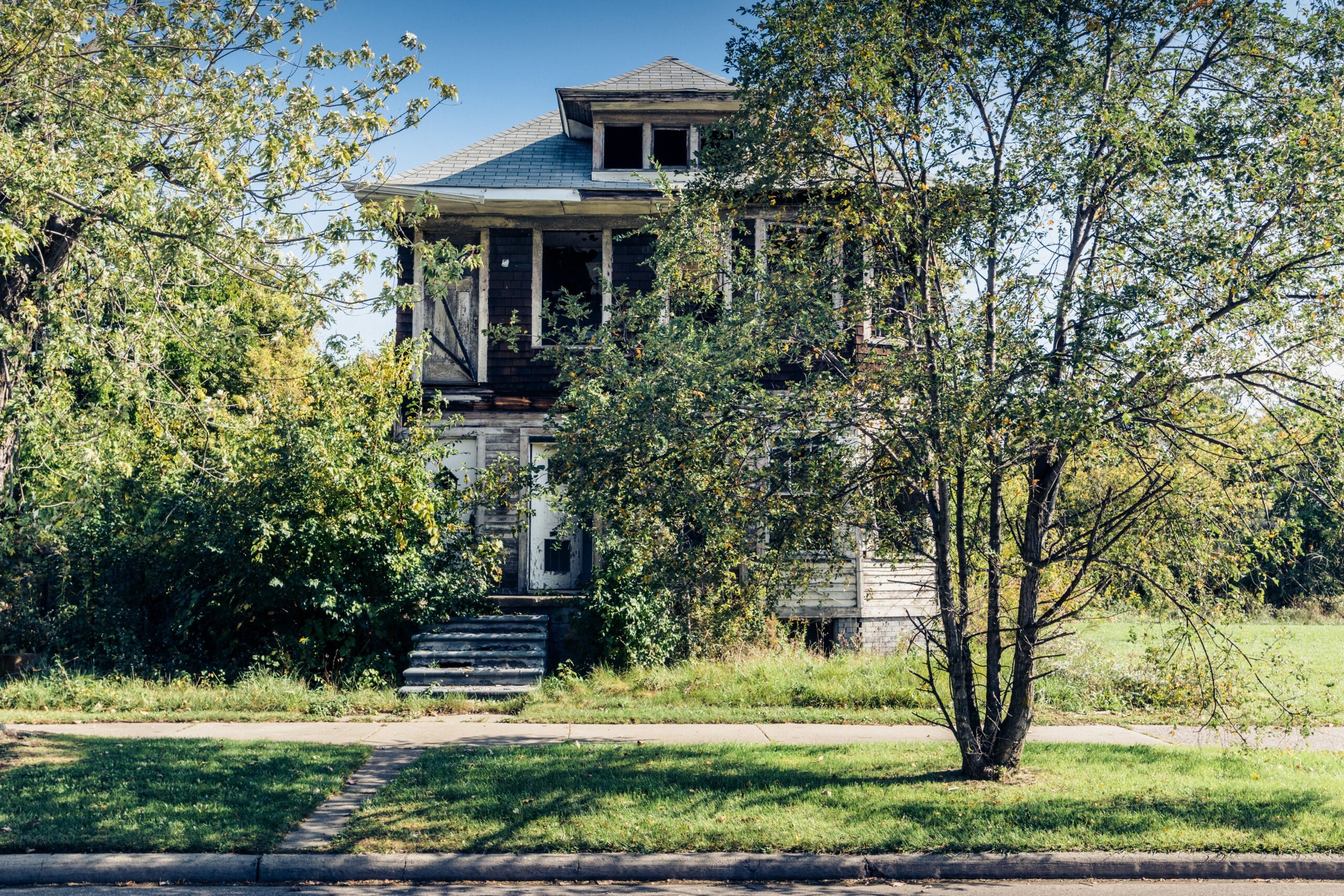 Maison abandonnée derrière un grand arbre, Detroit, Michigan