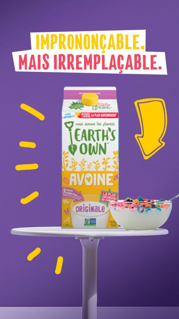 Affiche « Imprononçable. Mais irremplaçable. » : carton de boisson d’avoine Earth’s Own sur fond mauve