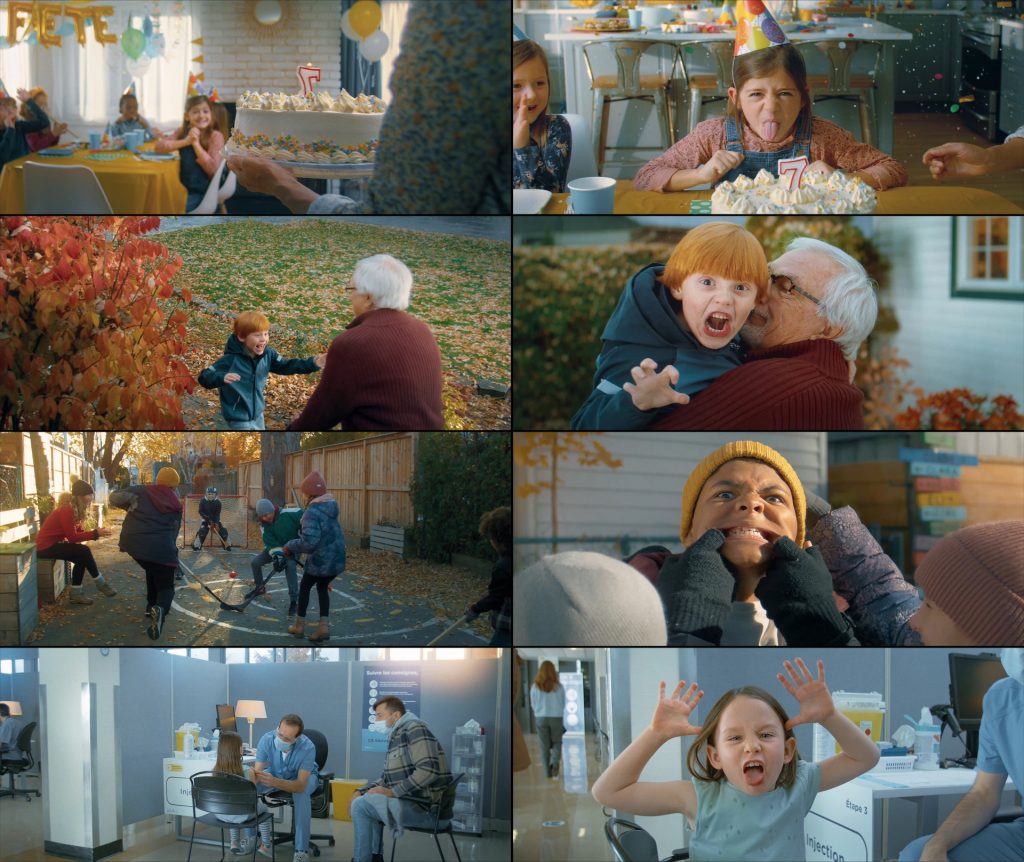 Planche d’images du film Tiens-toi bien, COVID-19 : enfants et familles qui font des grimaces, Gouvernement du Québec