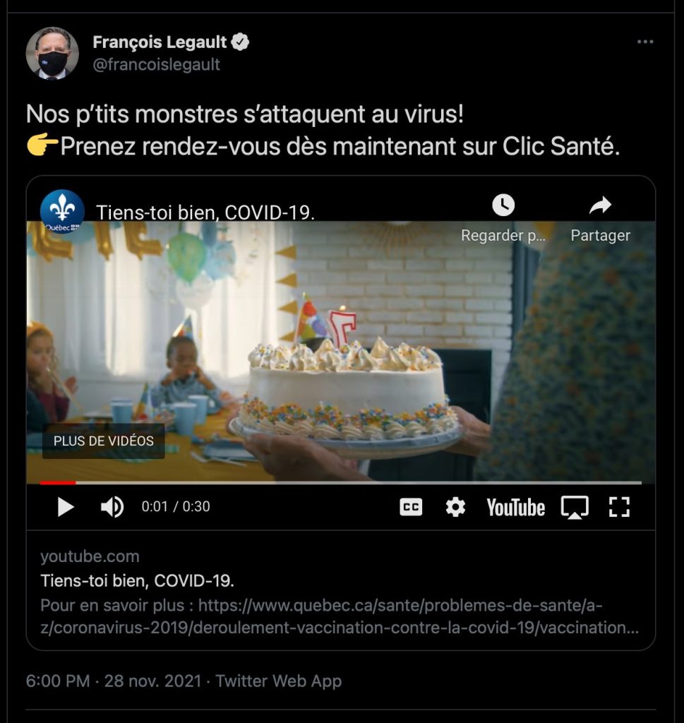 Publication Twitter présentant le film de la campagne Tiens-toi bien, COVID-19, Gouvernement du Québec